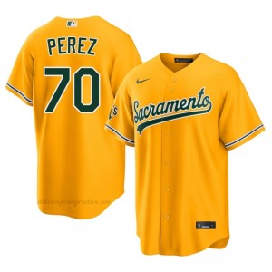 Men Junior Perez #70 Gold Athletics Authentic Stitch Baseball Jersey 7F3y6280