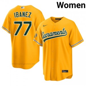 A's #77 Andy Ibanez Gold Women Premium Embroidery Baseball Jersey 2sb34K41