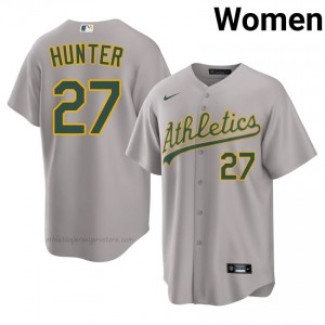 Women Catfish Hunter #27 Gray A's Game Embroidery Baseball Jersey R10v0554