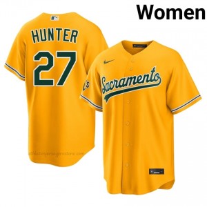 A's #27 Catfish Hunter Gold Women Premium Embroidery Baseball Jersey 36jt2517