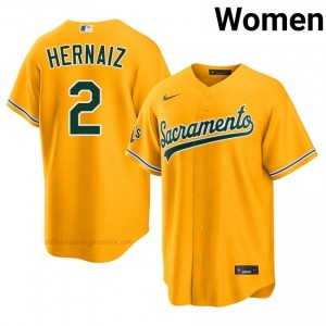 A's #2 Darell Hernaiz Gold Women Premium Embroidery Baseball Jersey 22fH6W26