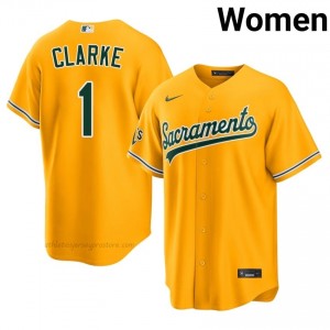 #1 Denzel Clarke Gold A's Women Gameday Embroidery Baseball Jersey Egu47477