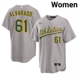 Women Elvis Alvarado #61 Gray A's Game Embroidery Baseball Jersey y308kM68