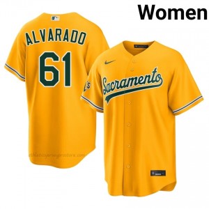 A's #61 Elvis Alvarado Gold Women Premium Embroidery Baseball Jersey gw05t813