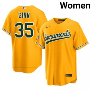 A's #35 J.T. Ginn Gold Women Premium Embroidery Baseball Jersey J265yK19