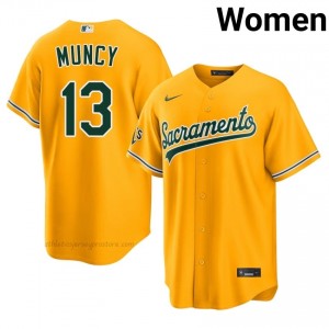 A's #13 Max Muncy Gold Women Premium Embroidery Baseball Jersey 4X10fN53
