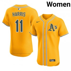 Women Brett Harris #11 Gold Athletics Authentic Stitch Baseball Jersey M1316033