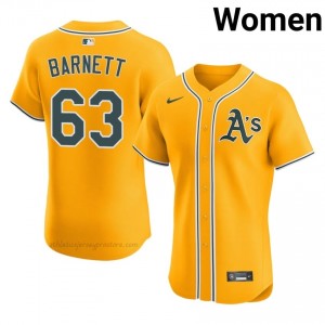 Women Mason Barnett #63 Gold Athletics Authentic Stitch Baseball Jersey YK7D0328