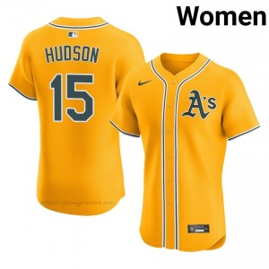 Athletics #15 Tim Hudson Gold Women Player Stitch Baseball Jersey 7m84h114